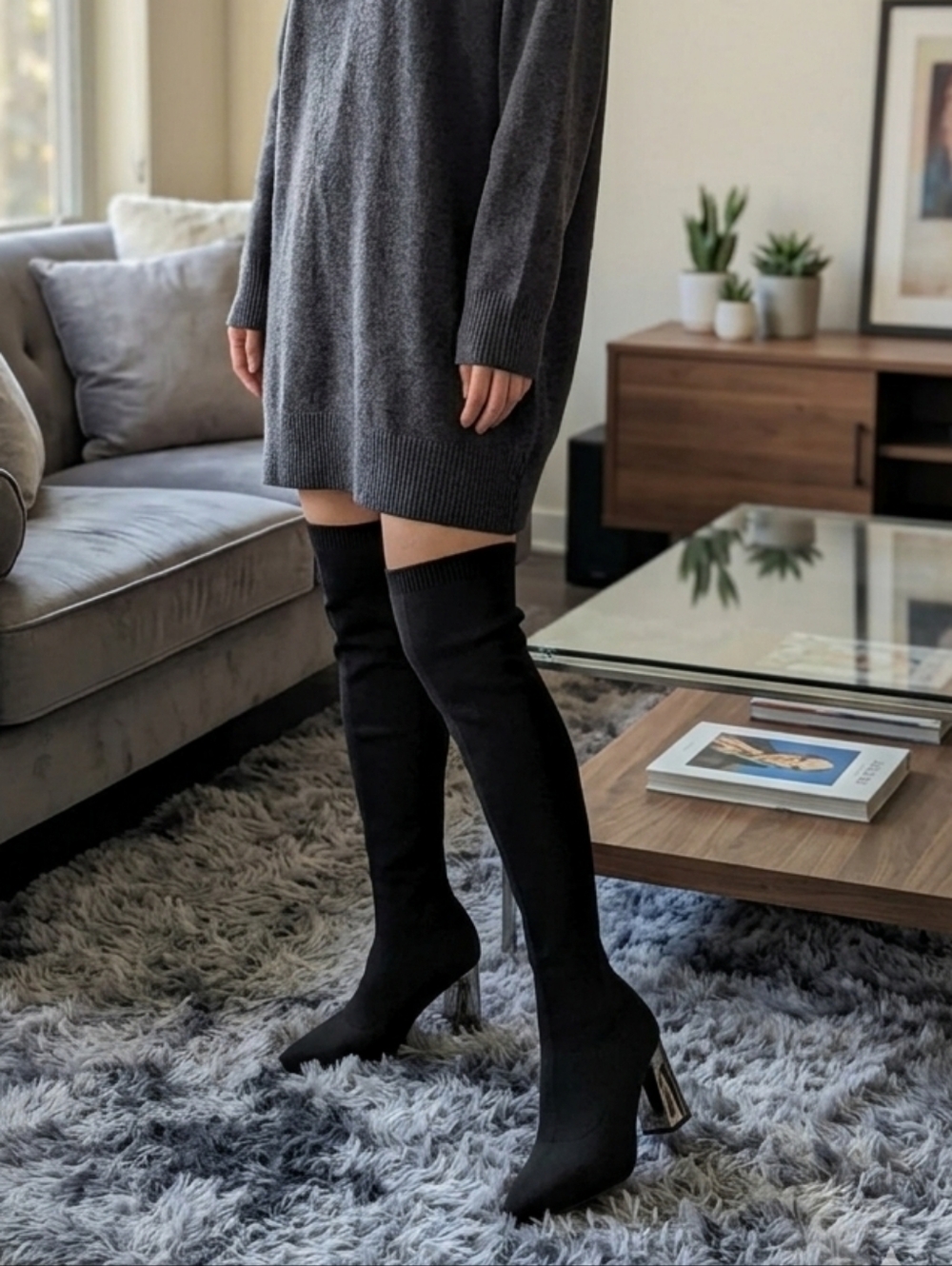 Black Knee-High Stretch Sock Boots with Block Metallic Heel